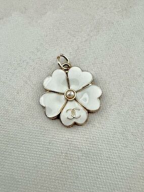 Chanel White Camellia Four-Leaf Flower Pearl CC Logo Charm Pendant Upcycle